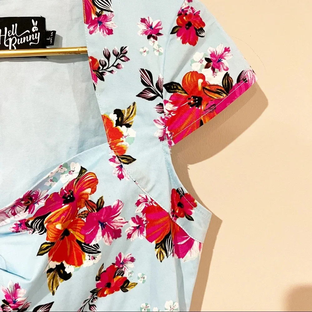 Hell Bunny Dress Vintage Inspired Tropical Floral Print Cap Sleeve Dress size L - Picture 12 of 12